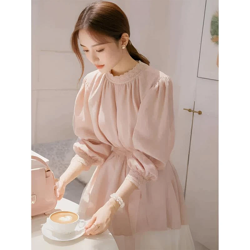 2025春季新款女装粉色蕾丝边衬衫独特超好看小衫仙气飘飘雪纺上衣