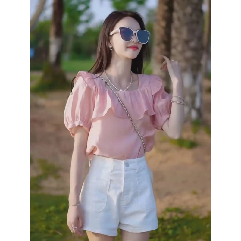 设计感短袖雪纺衬衫女夏法式简约荷叶边泡泡袖小衫时尚洋气上衣潮