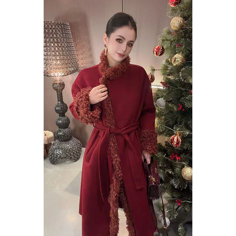 立领毛毛拼接双面呢中长款外套WT31561