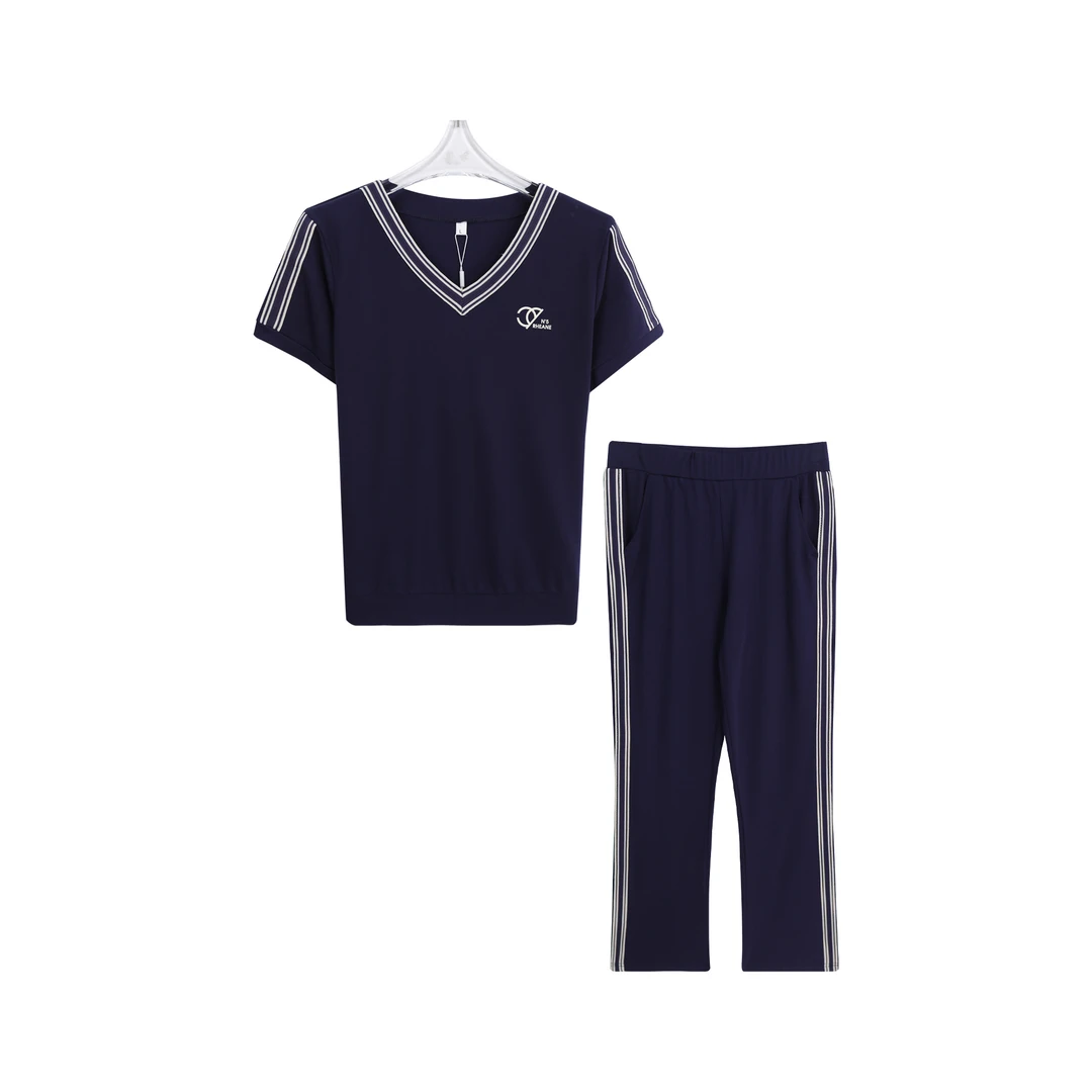 百搭透气舒适V领短袖潮流洋气休闲长裤套装A14212