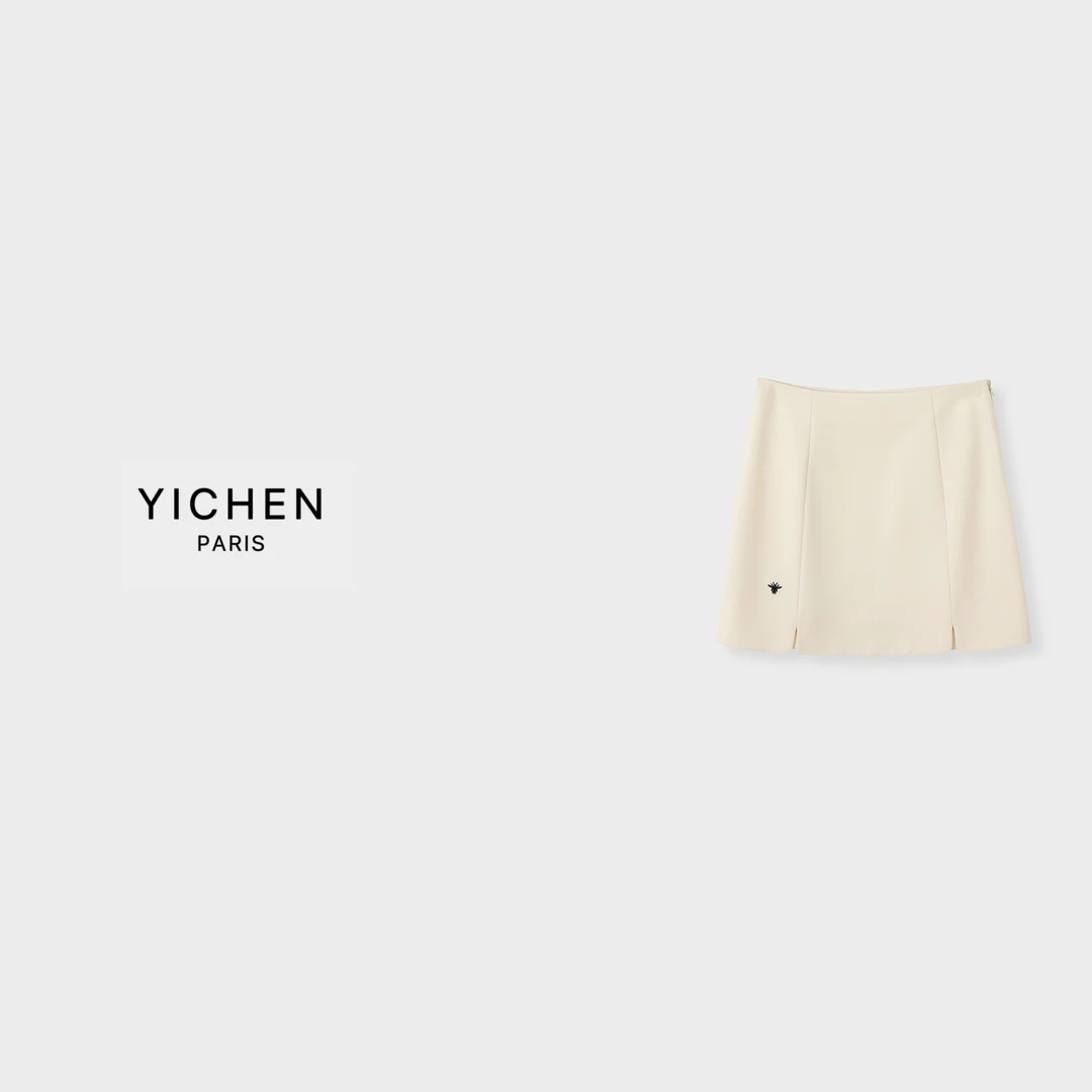 YC 奶油色刺绣徽标蜜蜂立裁开叉A字半裙-1969