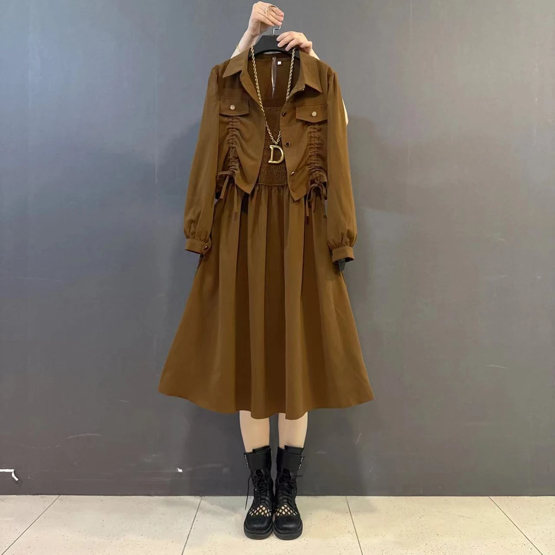 韩版新款抽绳短款外套吊带连衣裙洋气两件套胖MM女装