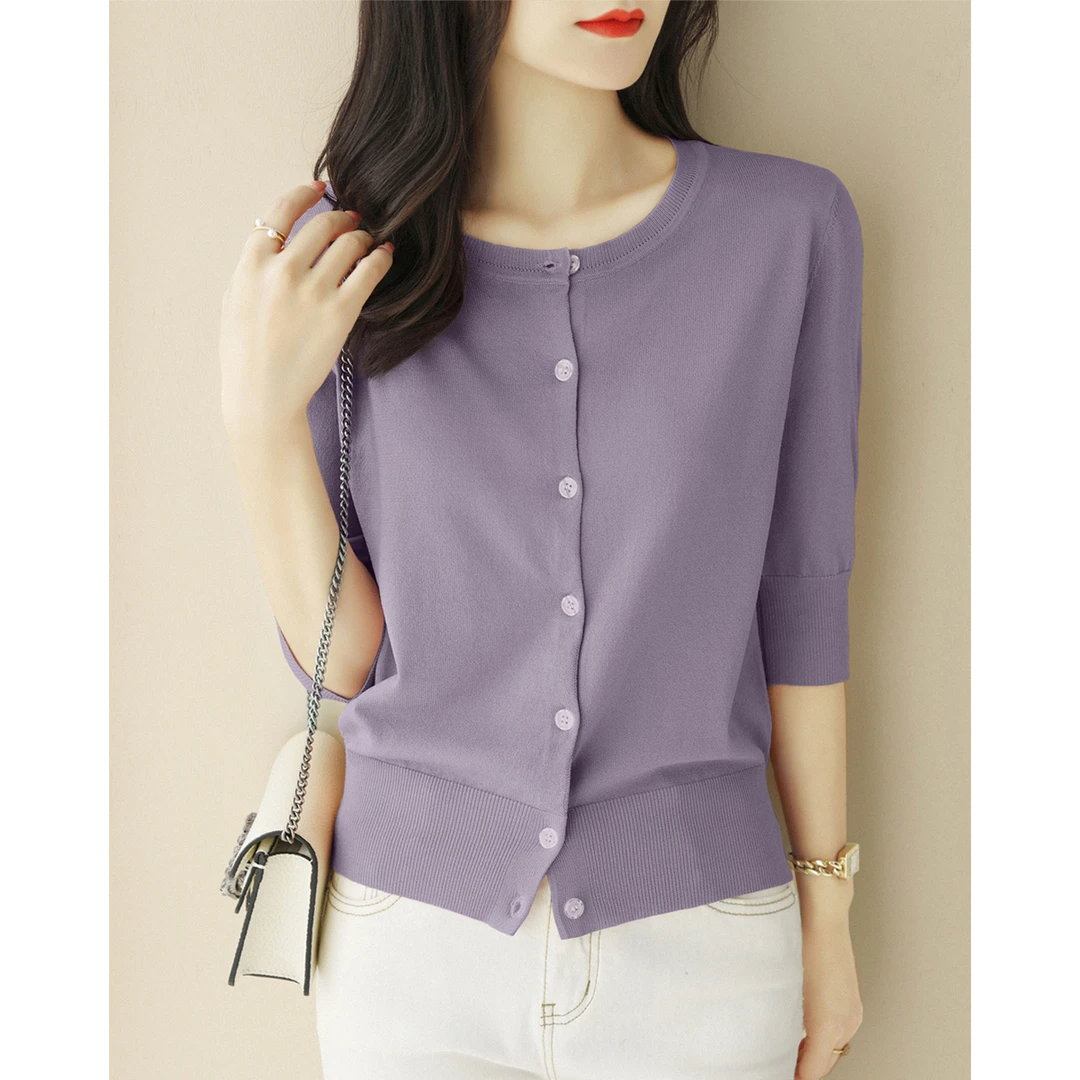 高级感宽松中袖时尚单排扣显瘦女新款春夏季简约圆领针织开衫上衣