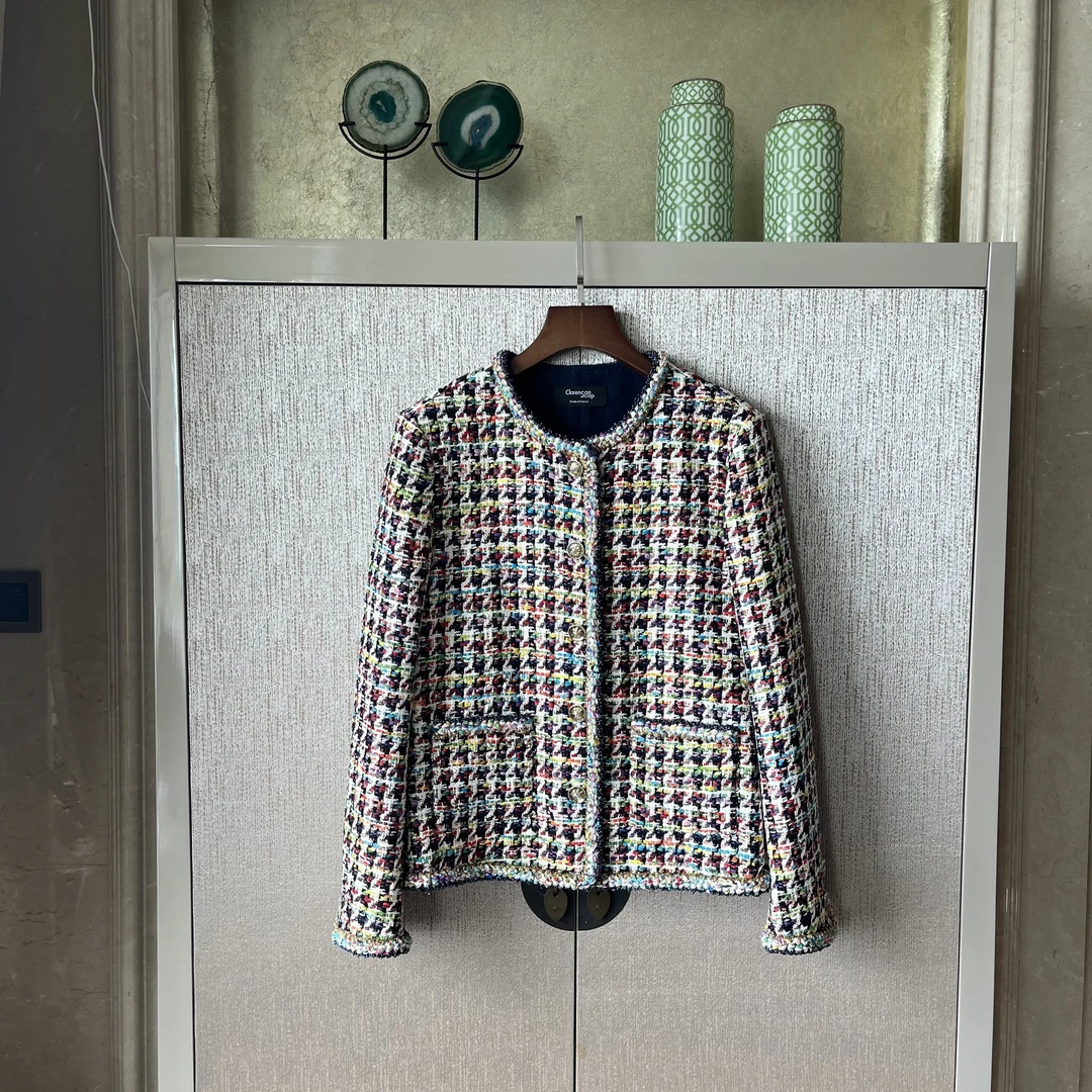 【炫彩康鹏街】法国奢牌同源油画色彩千鸟格粗花呢短外套