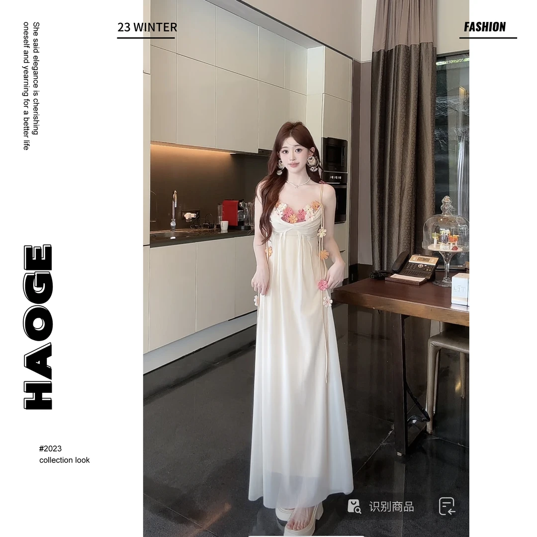 冰冰●雾里看花X4LYQ0818A温柔气质白色吊带连衣裙莫奈花园风