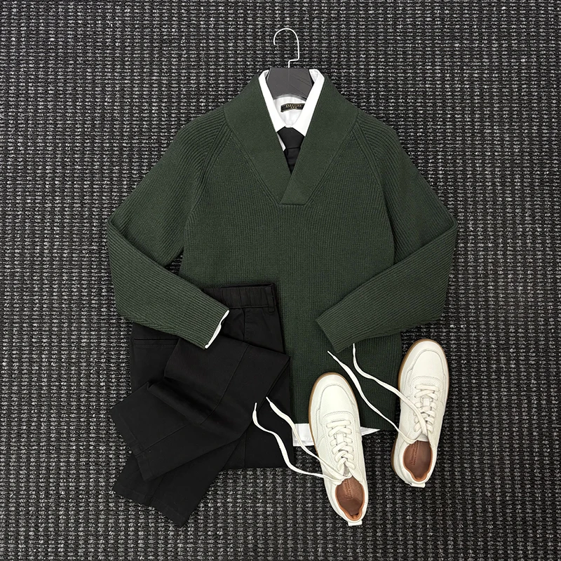 MIGSIMHE·冬季保暖重磅羊毛混纺青果领针织毛衣男士羊毛衫外套