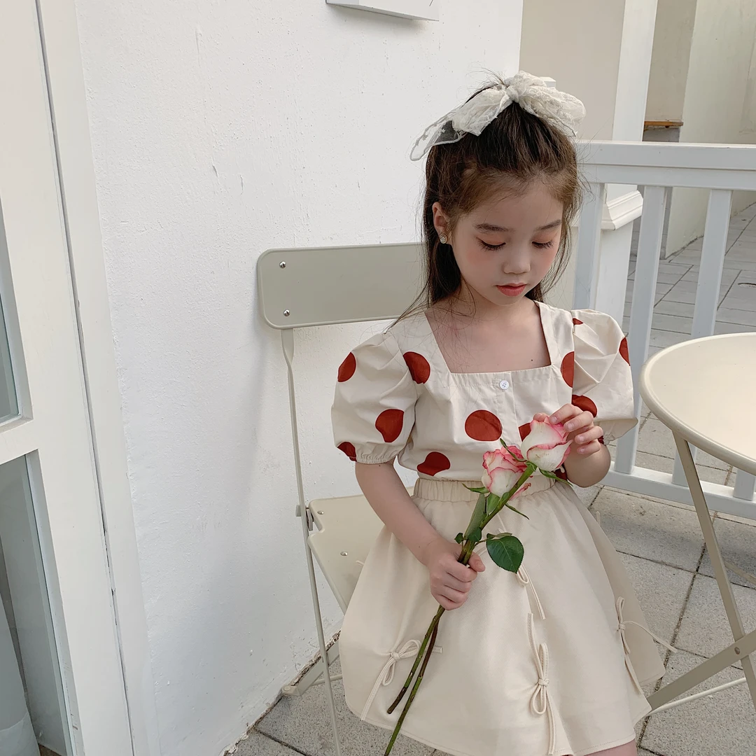 休闲风波点夏季薄款圆点女套装儿童女孩韩版女宝裙子女童时尚