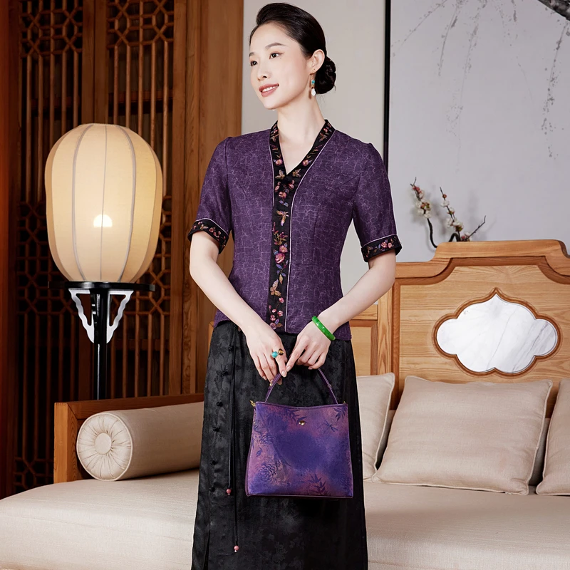 【紫韵天香】桑蚕丝老紫檀油龟非遗工艺重工气质紫色唐装上衣W25639