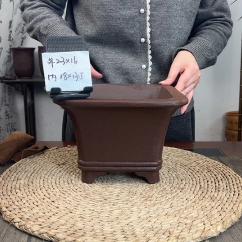 紫砂花盆光素双线飘口四方0703