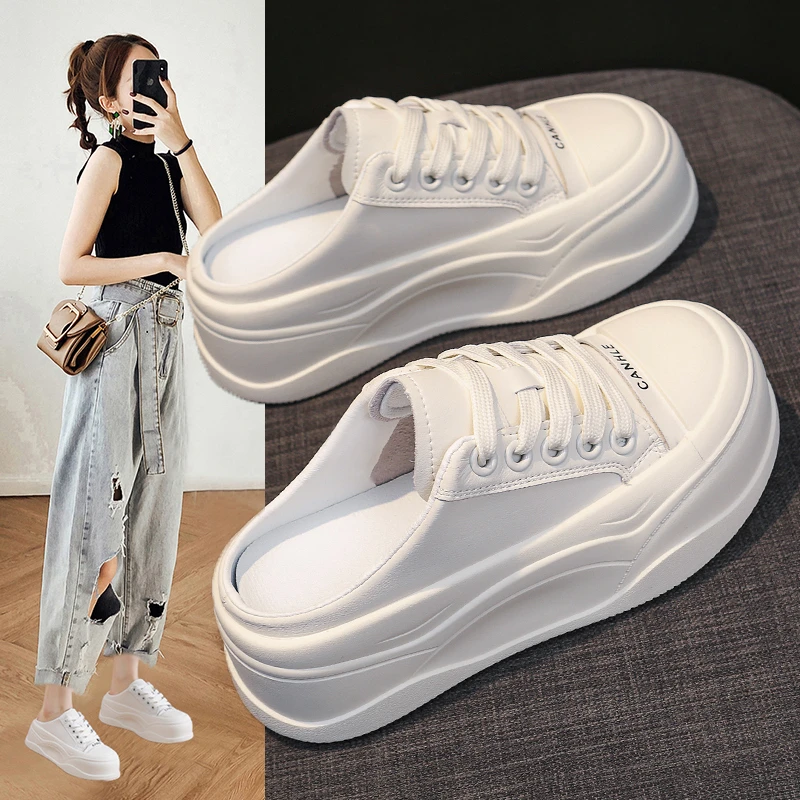 真皮厚底小个子增高小白鞋包头半拖2025春季新款圆头百搭休闲鞋女