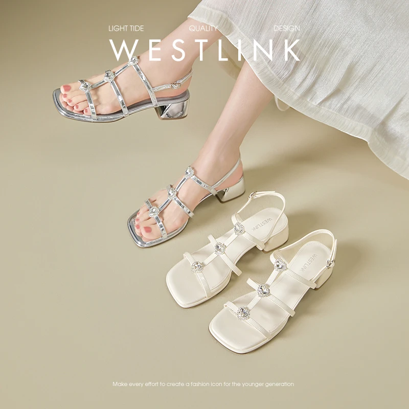 西遇法式粗跟凉鞋女2025新款夏季仙女风不累脚绝美水钻银色罗马鞋