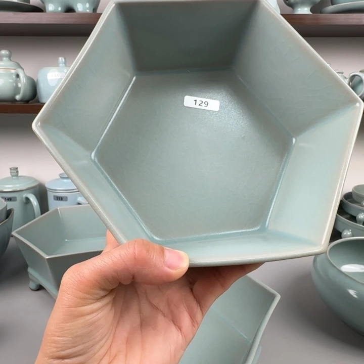 石***農摆件陶汝瓷六方洗仿古釉圈足烧大瑕129