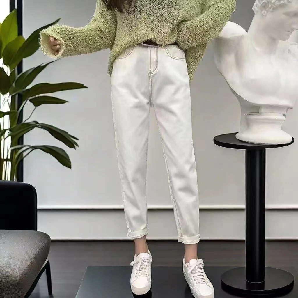 高腰显瘦白色欧标牛仔裤梨形身材大码女装春季薄款休闲裤