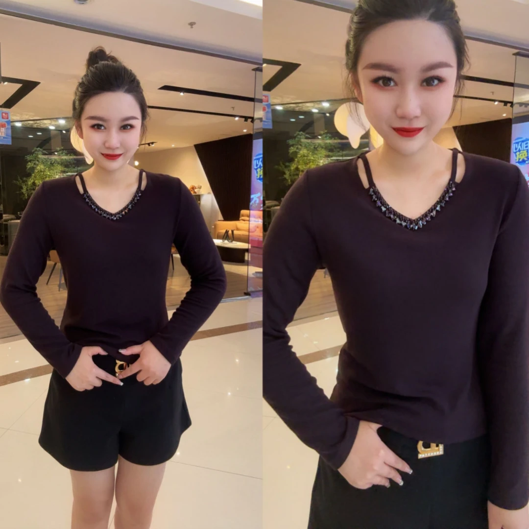 常规长袖烫钻常规型有弹力V领T恤内搭套装圆领修身