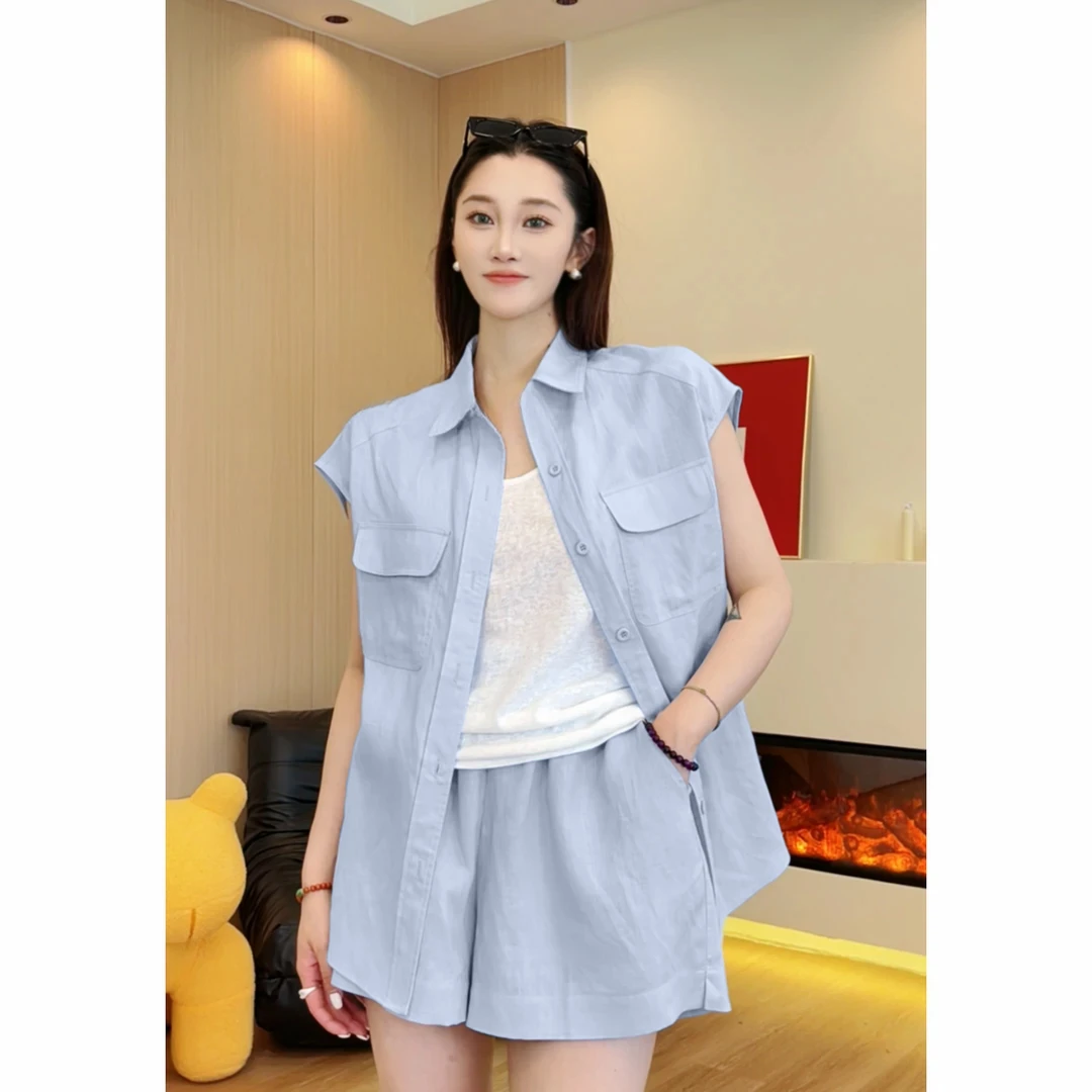 【王二小】【有里布】【两件套】显瘦休闲气质蓝色马甲套装套装D2348