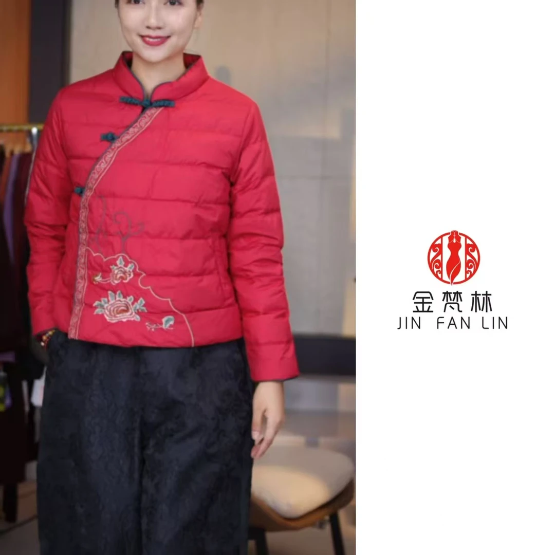 【斜襟绣羽绒服】高级新中式国风白鸭绒盘扣立领重工刺绣民族风外套