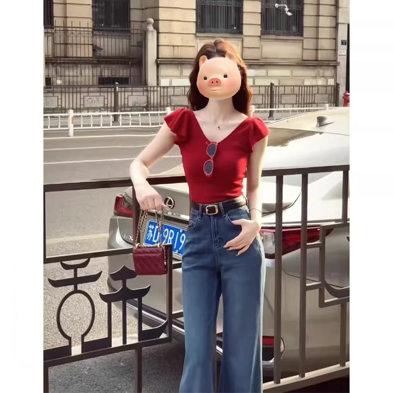 法式小飞袖红色冰丝针织短袖T恤女夏季独特漂亮掐腰修身显瘦上衣