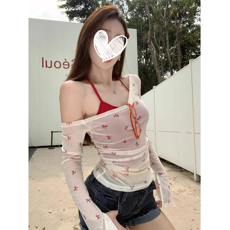 两件套装露肩防晒长袖T恤女装修身薄款罩衫上衣吊带背心9925