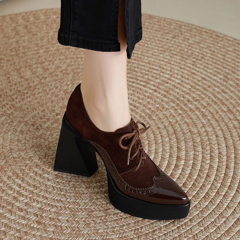 气质尖头超高跟单鞋女2025新款9cm粗跟防水台真皮厚底系带高跟鞋