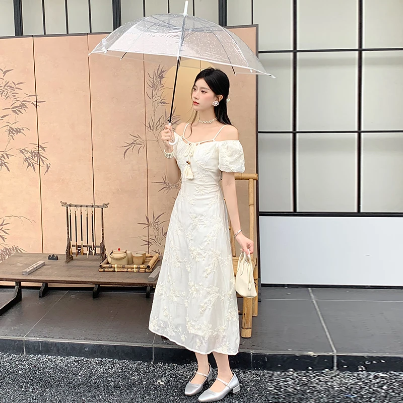 006811小夕白玉映沙短袖连衣裙2024新款女夏季气质显瘦法式长裙