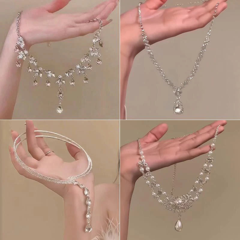 法式锆石超闪粉色水滴项链女2025新款爆款高级感复古珍珠锁骨链潮