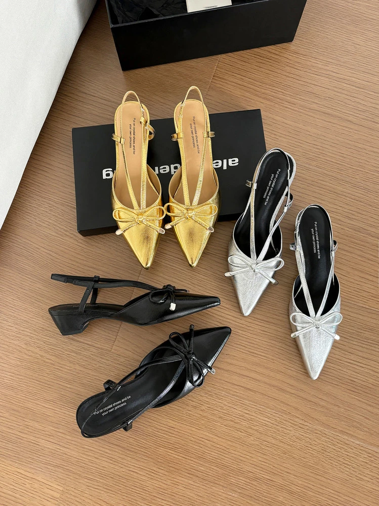 清欢-3.5cm跟高低跟蝴蝶结包头时装凉鞋凉鞋粗跟欧若精灵风（5374）