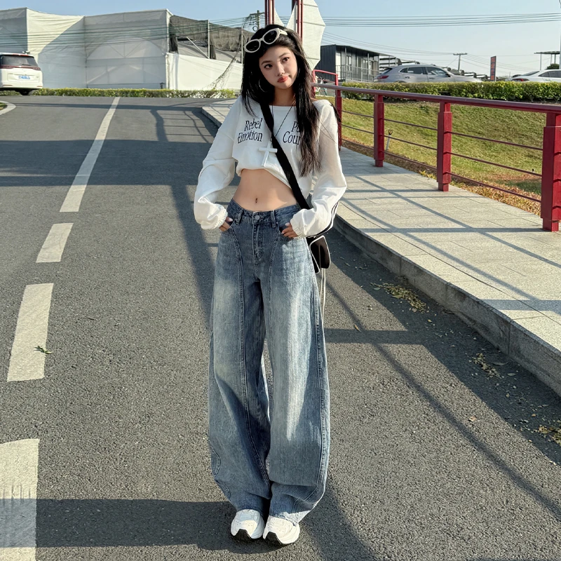 2025春秋上新好品新款美式复古高腰宽松阔腿裤镰刀裤高街牛仔裤女