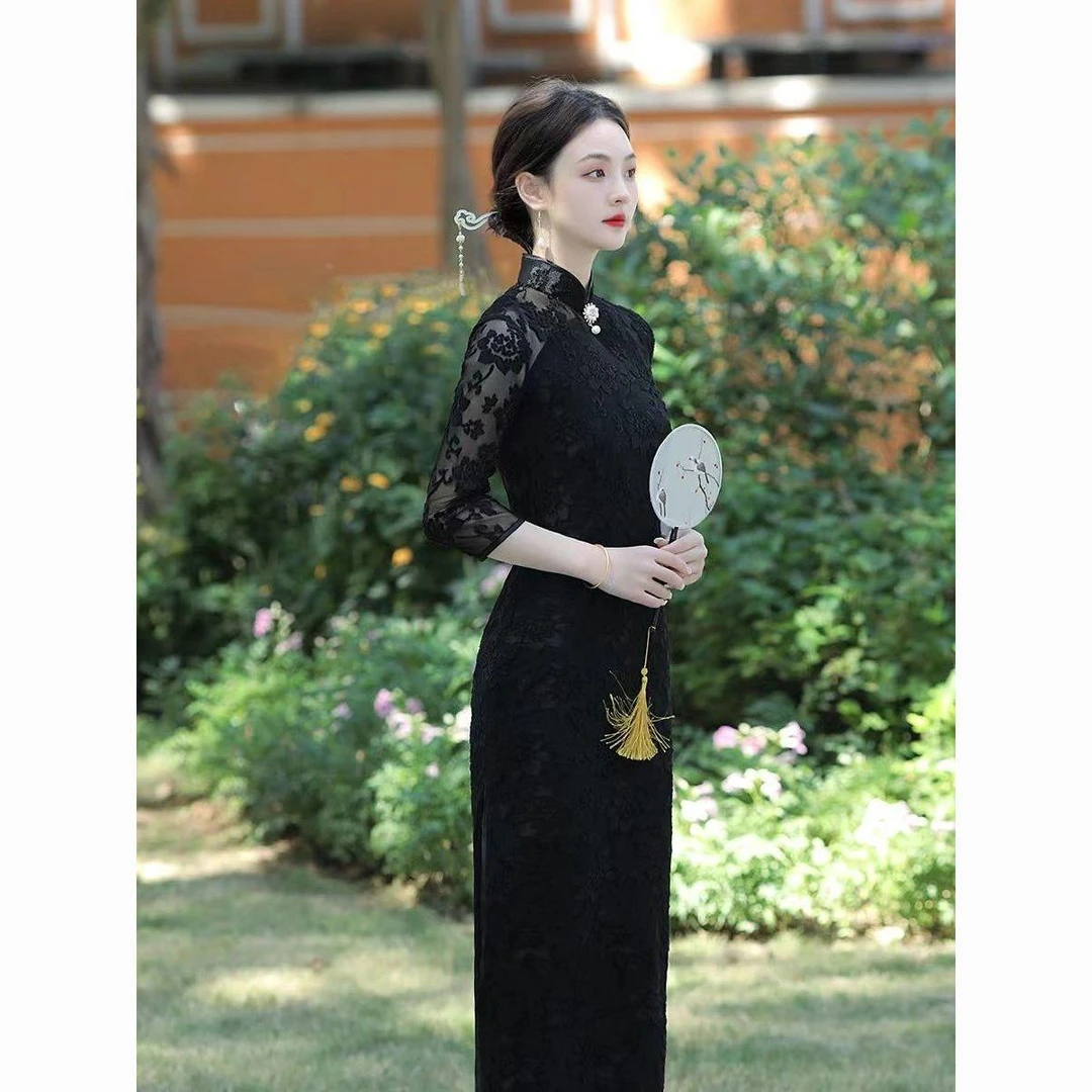 旗袍蕾丝少女新款复古中国年轻黑色长款中式日常改良连衣裙气质