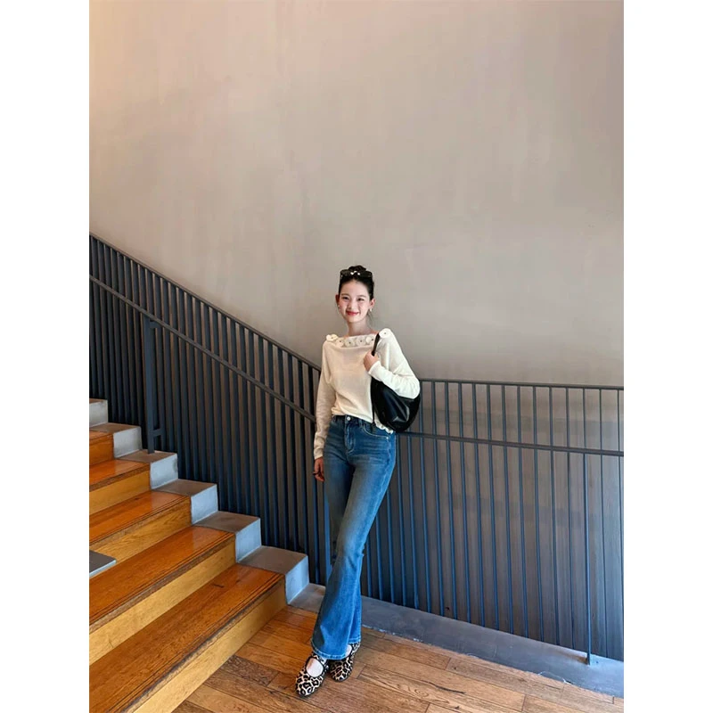 韩系御姐温柔风休闲百搭洋气设计感针织长袖上衣高腰直筒牛仔裤女