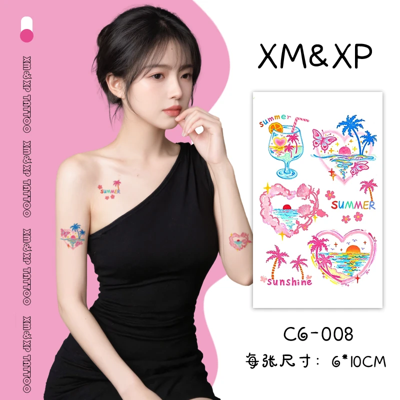 XMXP夏日ins风彩色纹身贴女防水持久可爱爱心多巴胺锁骨手臂彩绘