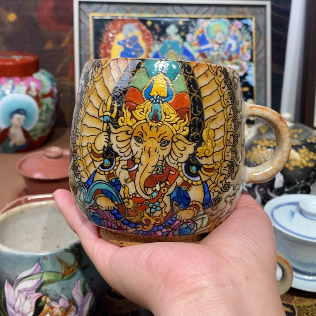 手工手绘象财神马克杯