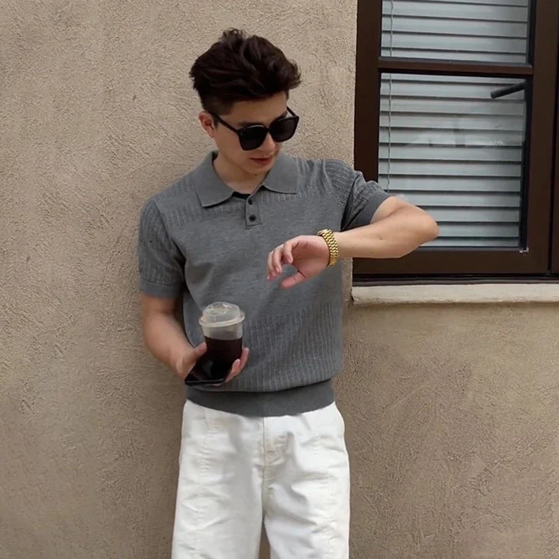 轻奢重磅纯棉透气老钱风polo衫男士镂空短袖T恤美式设计修身上衣