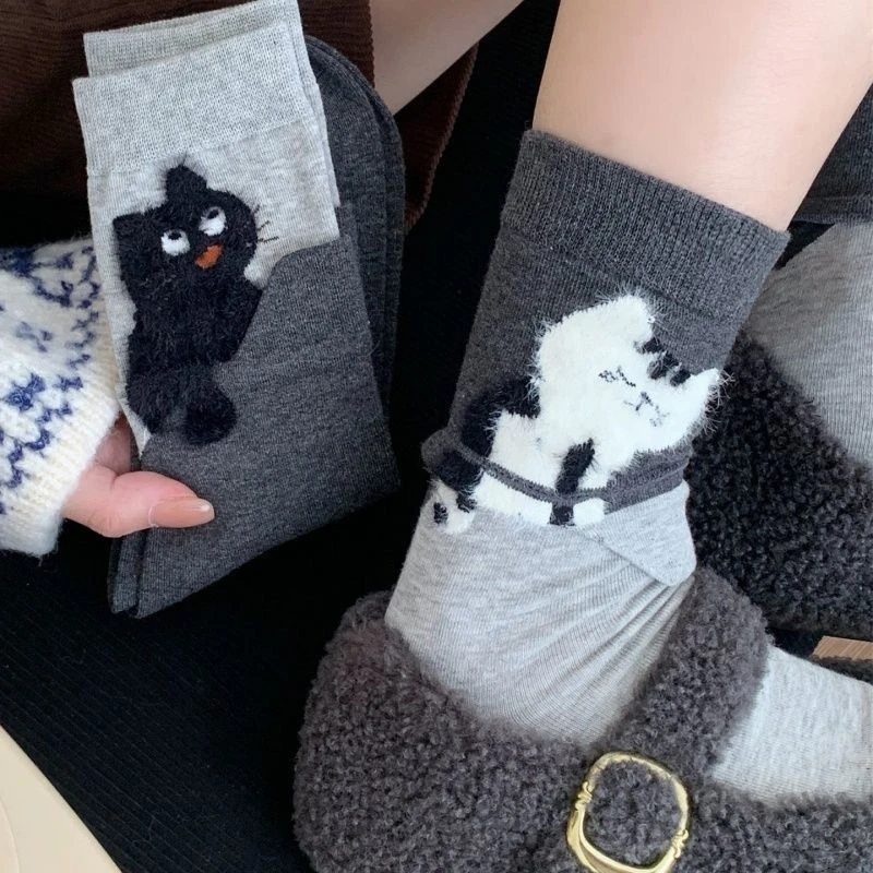 日系植绒猫咪袜子女春秋季新款中筒袜ins可爱创意治愈设计舒适LW