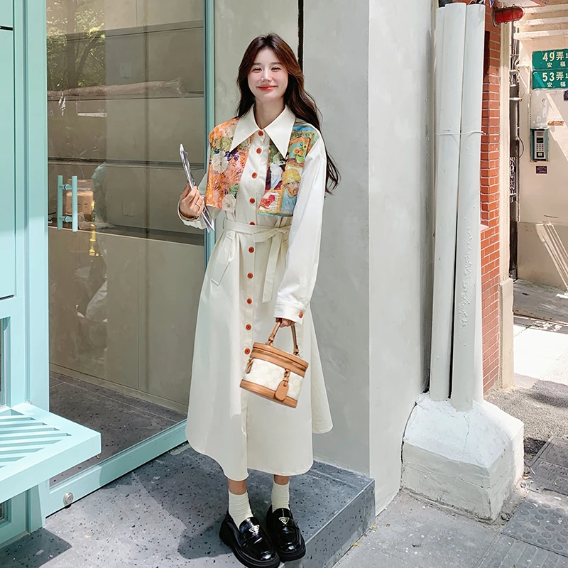 法式慵懒风减龄显瘦百搭长裙女早秋新款活力感假两件印花连衣裙