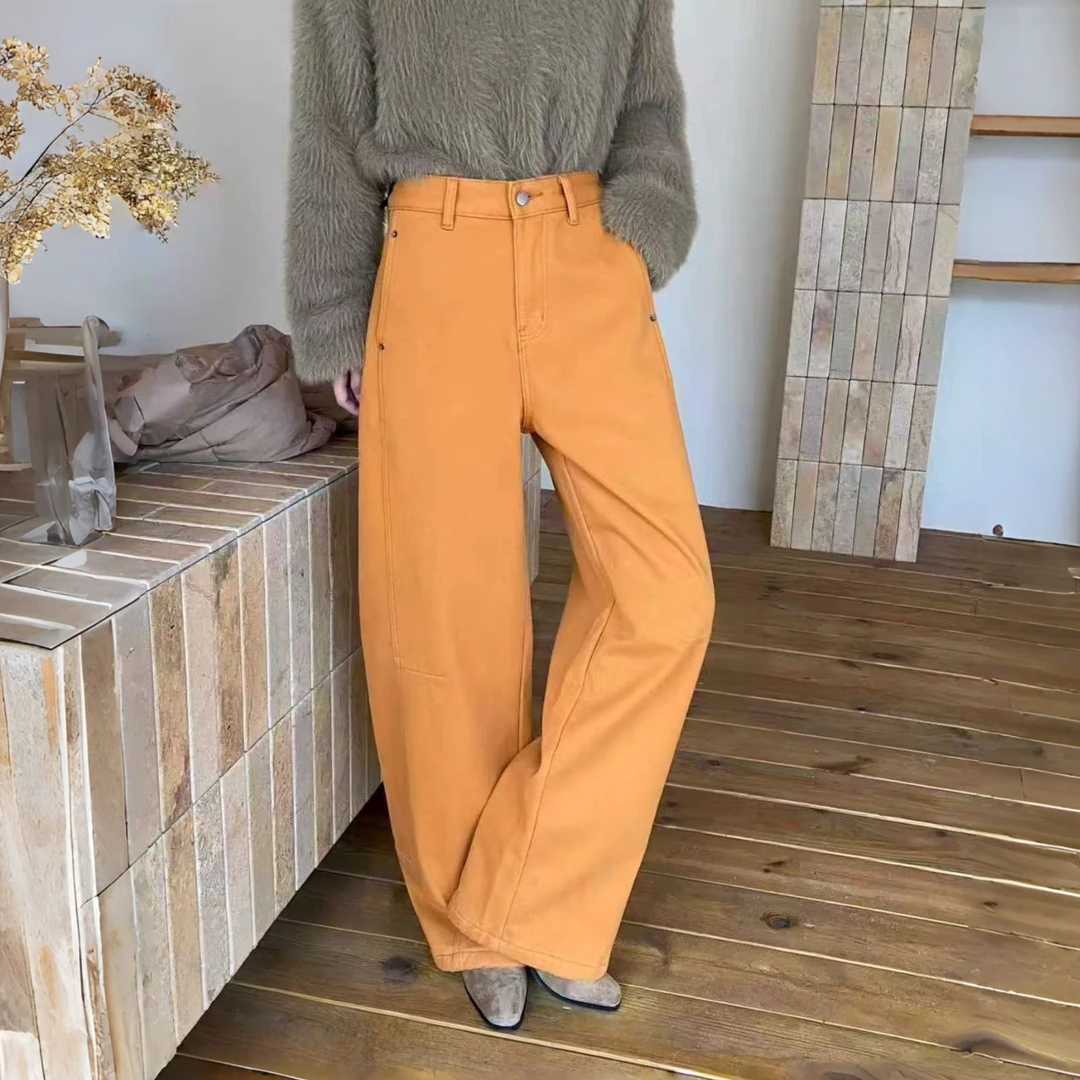 【裤博汇】3128加绒复合宝宝绒美式复古橘色前片开骨设计宽松弯刀裤