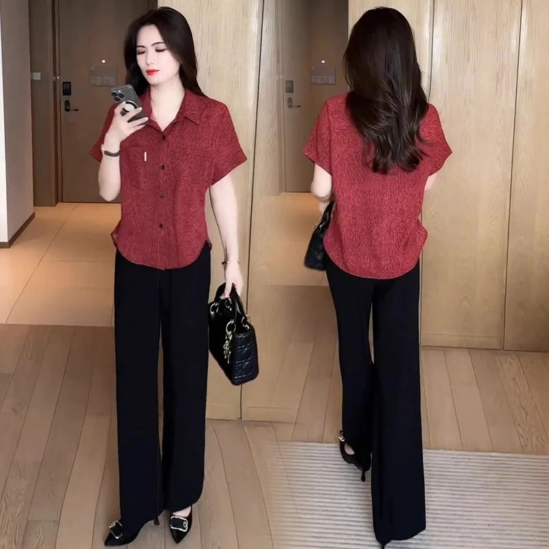 时尚短袖衬衫女2025夏季新款洋气宽松遮肉显瘦百搭女两件洋气套装