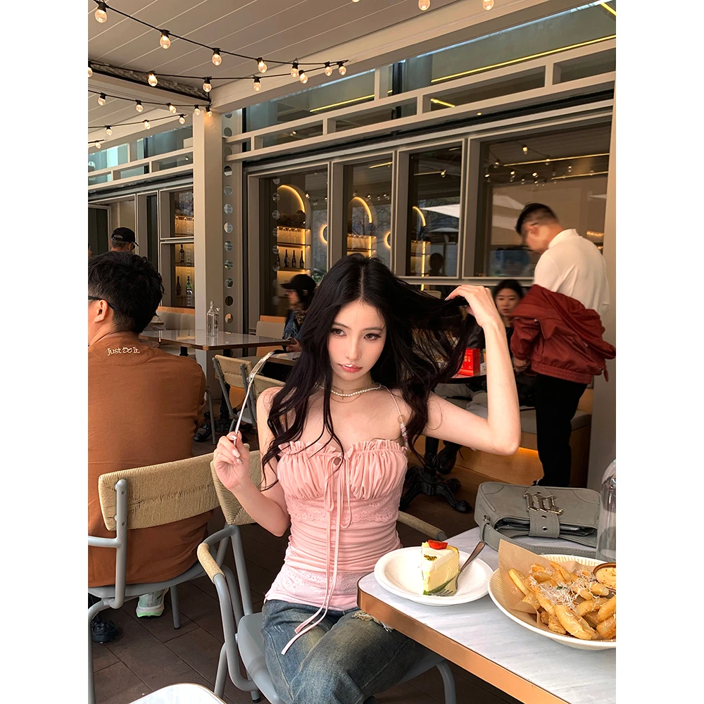 蕾丝拼接串珠短款吊带背心女夏季辣妹修身内搭设计感粉色外穿上衣