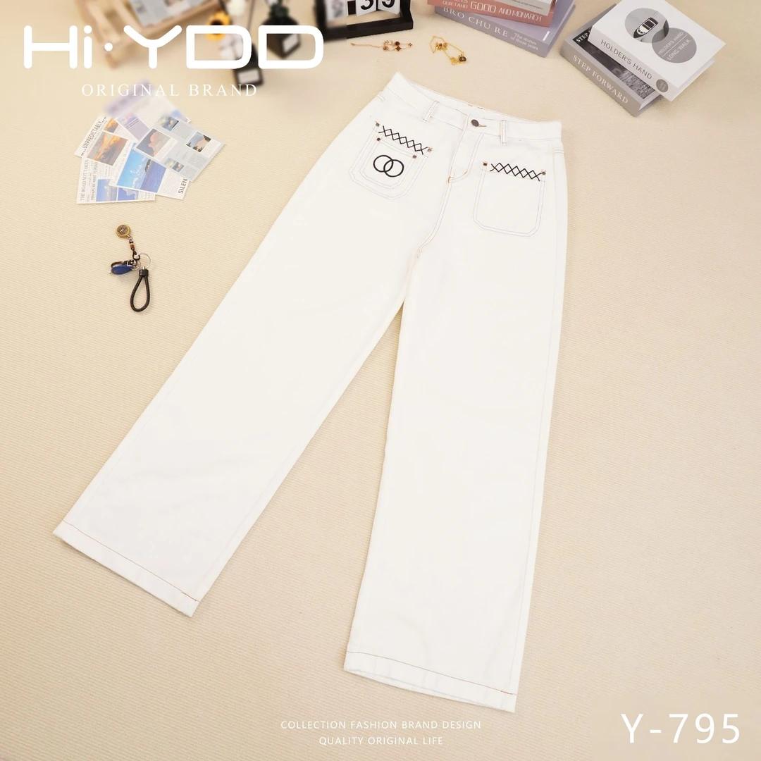 YDD•「Y-795」白色美式复古水洗高腰显瘦百搭刺绣牛仔裤XM-56099