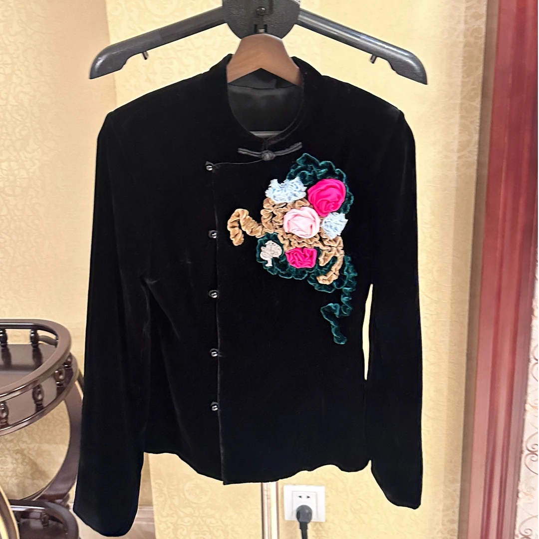 魏元高定/原宿风手工花女秋季丝绒中式短外套-1053