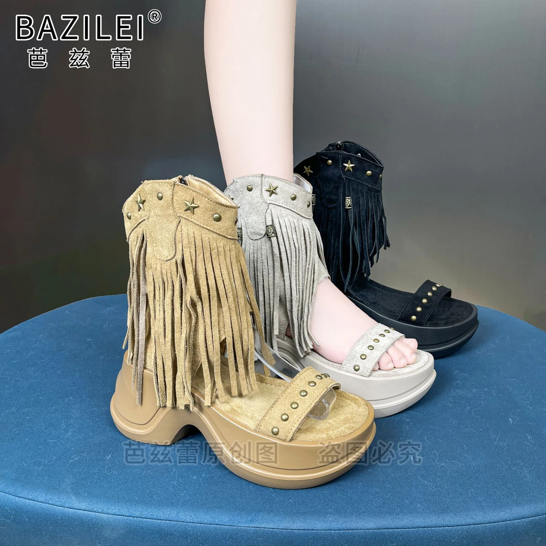 bazilei/芭兹蕾复古流苏8CM2025夏季新款爆款百搭凉鞋透气女鞋