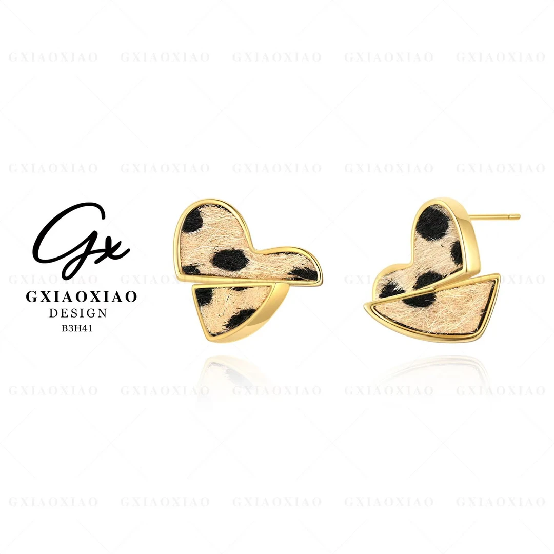 铜合金耳饰 镀K金 时尚气质百搭轻奢金色豹纹爱心耳环 B3H41