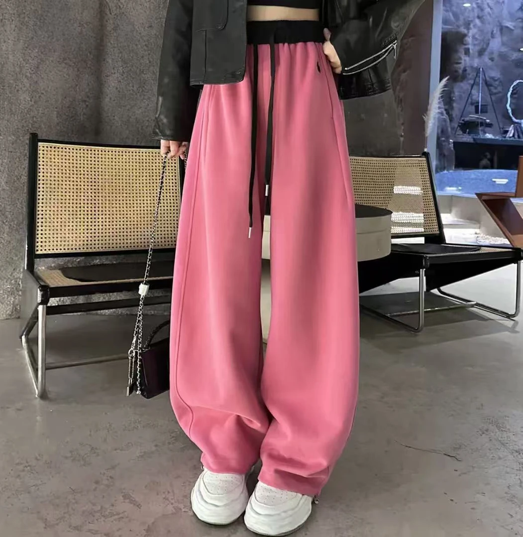 2025韩版网红秋冬加绒爆款弯刀裤休闲卫裤刺绣保暖长高腰阔腿裤