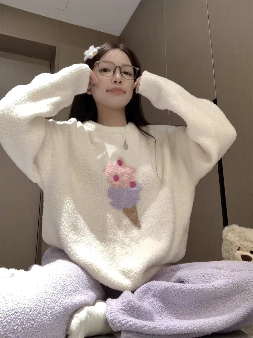【运费补贴 半边绒】可爱冰激淋睡衣冬季女款保暖新款秋冬季家居服