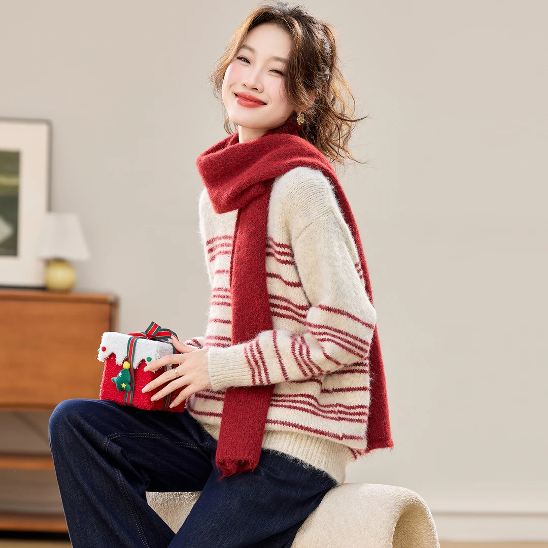 哥弟阿玛施正慵懒风红色条纹毛衣女冬新年加厚宽松减龄羊毛针织衫