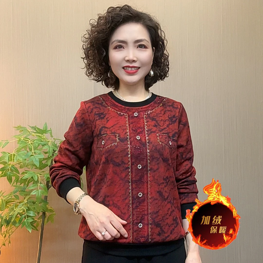冬季中老年妈妈装时尚宽松气质流光风时尚加绒保暖舒适圆领女长袖