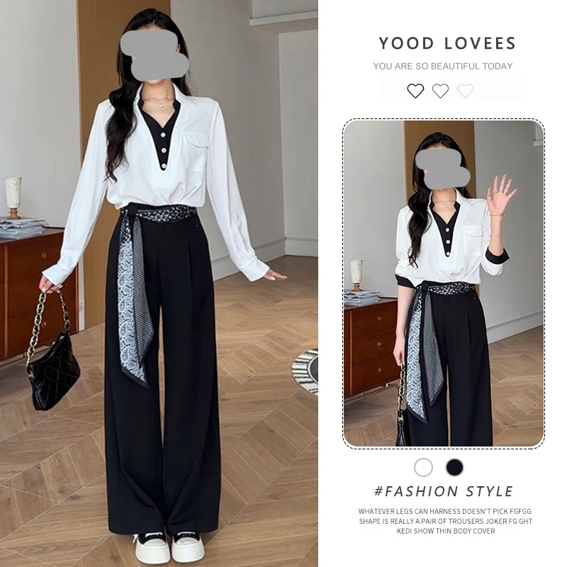 高级感时尚套装2025春秋设计感洋气减龄假两件衬衫高腰西装裤套装