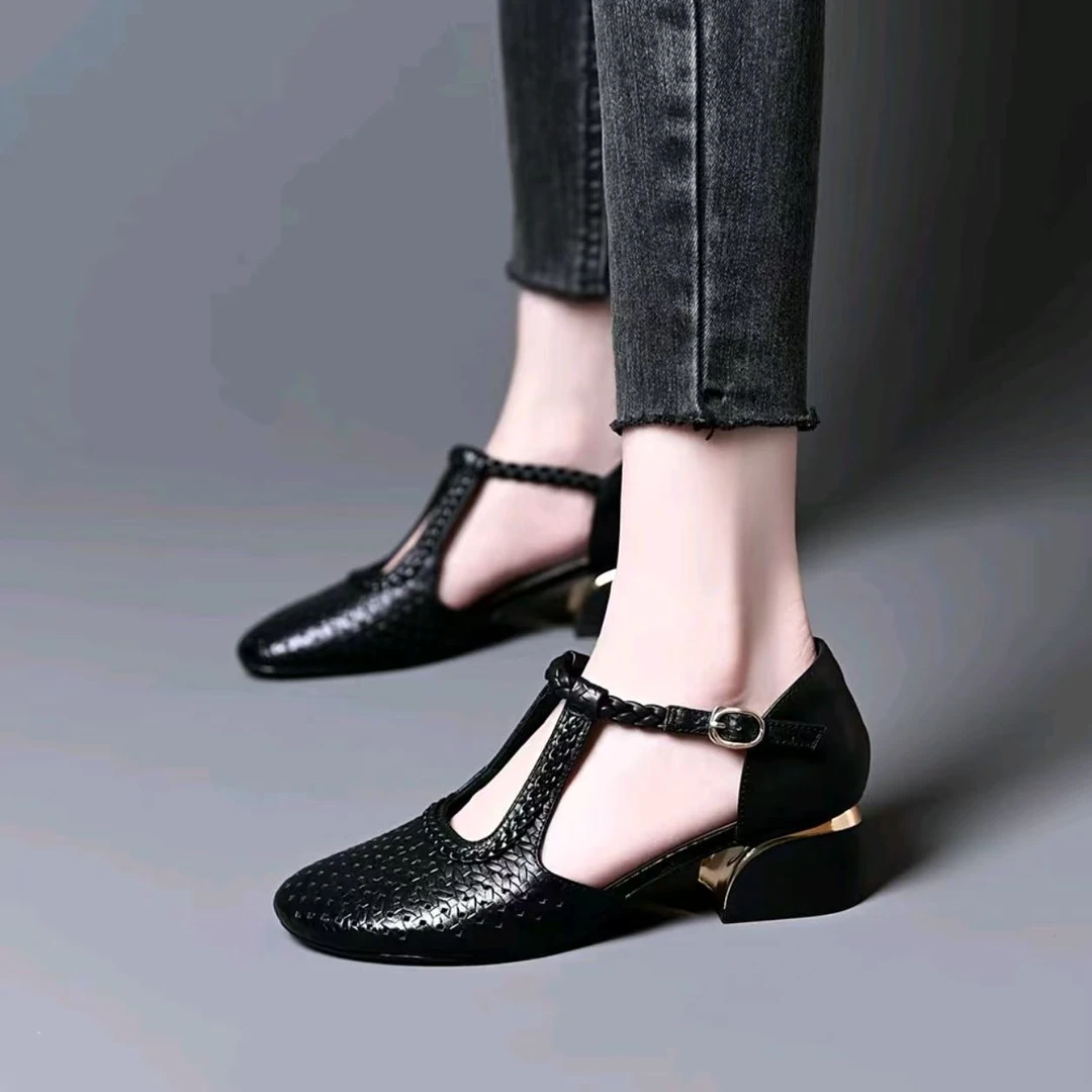 (真皮撤柜)包头女鞋子时装凉鞋圆头中跟编织高跟鞋低跟镂空