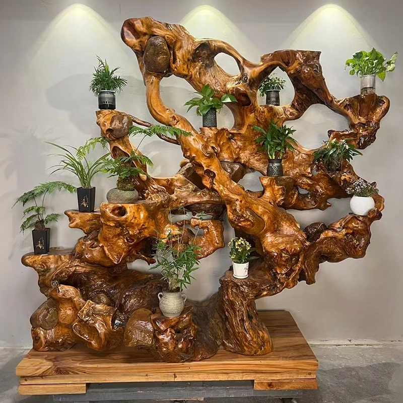 根雕花架置物架阳台落地式室内家用客厅装饰摆件多层多肉花盆架子