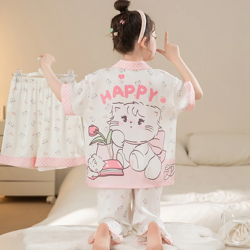 YUZHAOLIN/俞兆林中大童甜美可爱风女童夏季冰雪丝开衫睡衣三件套