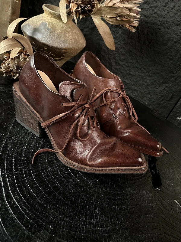 陈C手工女鞋(34-40码)5cm手工复古做旧c擦色水洗马皮系带小单鞋